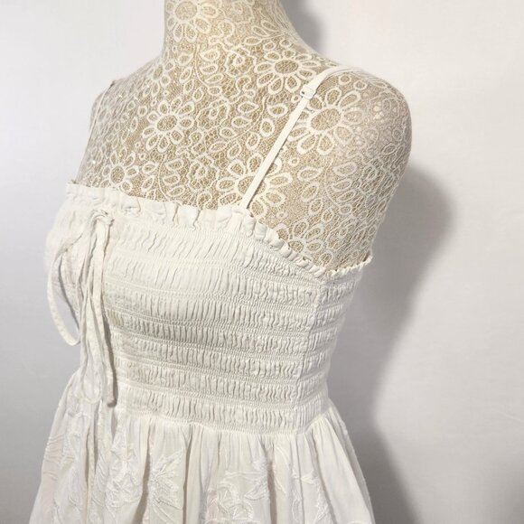 Forever 21 Size Small White Embroidered Ruched Tulle Hem Smocked Midi Dress - Picture 7 of 16